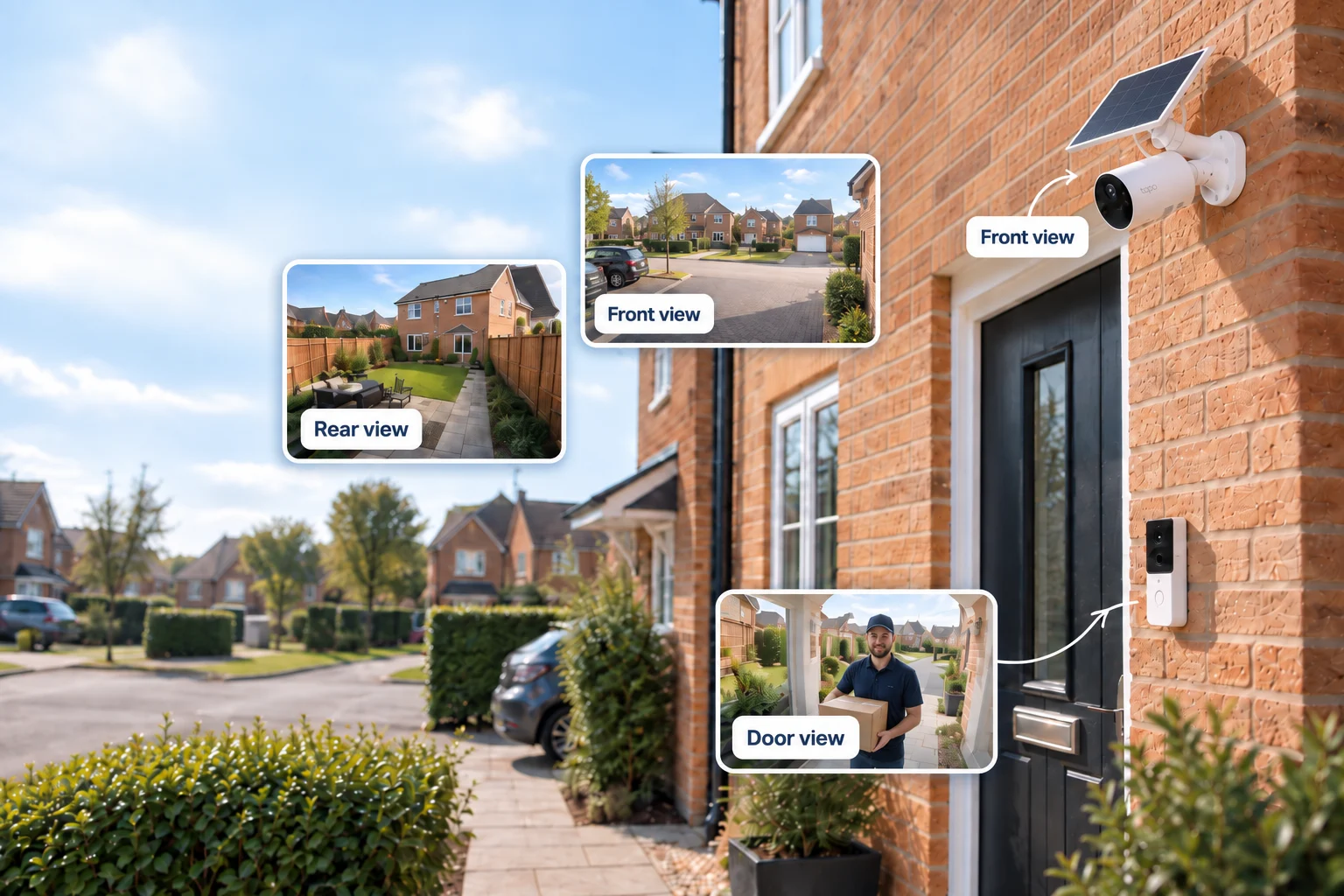 Guardable wireless home camera system showing front, rear and video doorbell coverage on a UK home