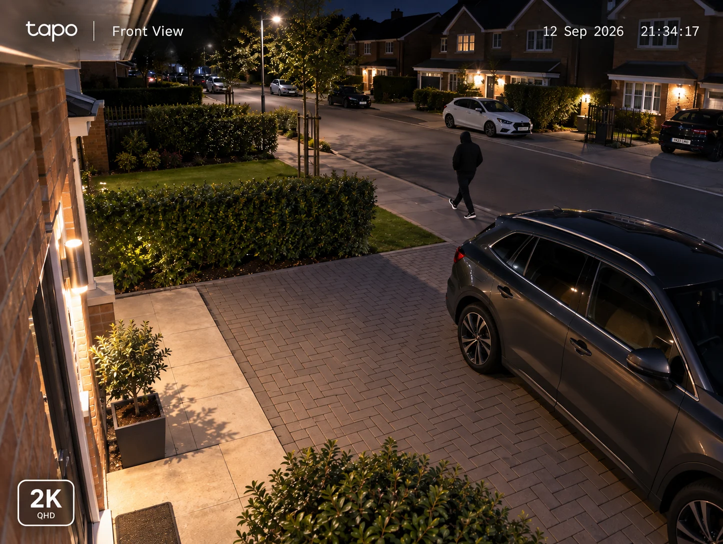 Security camera night view across a residential driveway and street