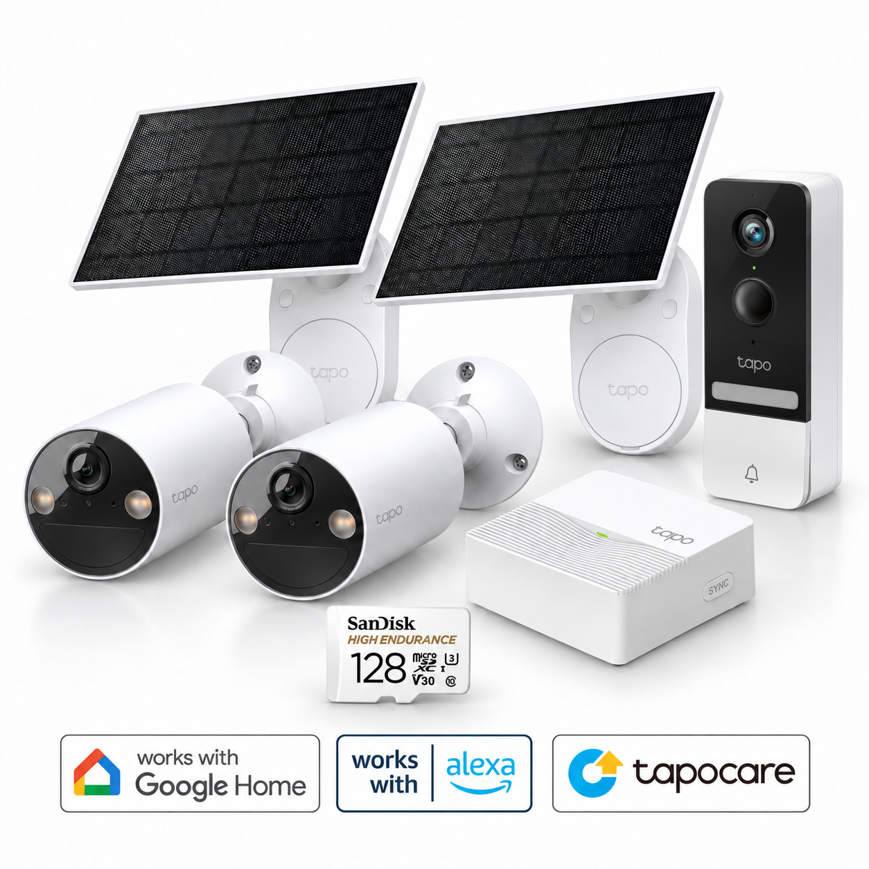 Tapo video doorbell and two solar security cameras with indoor local recording