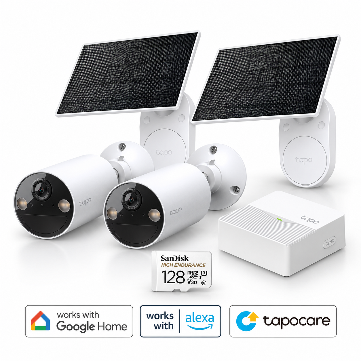 Two Tapo solar security cameras with indoor hub and local recording storage