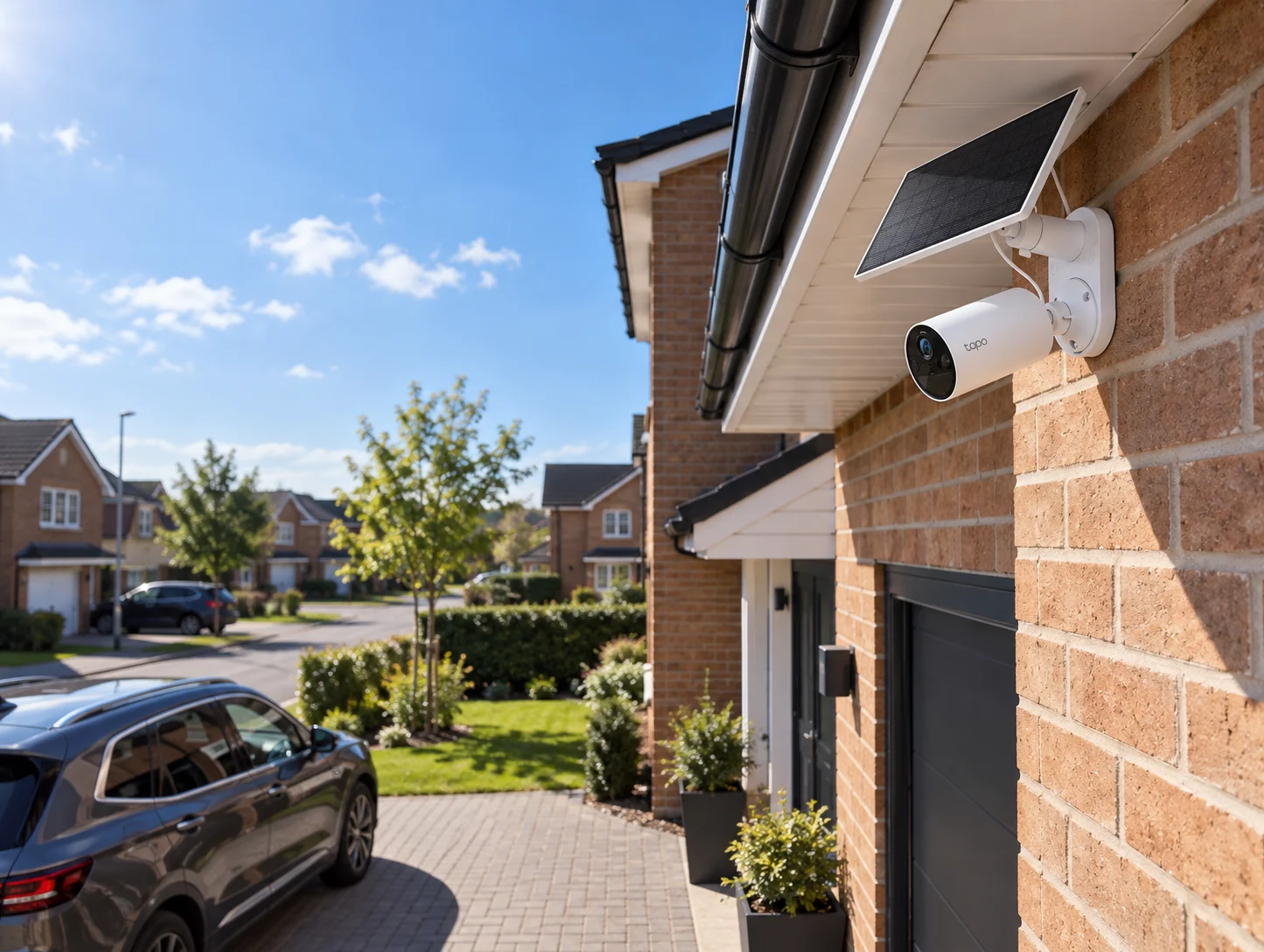 Tapo solar security camera professionally mounted high on a brick home